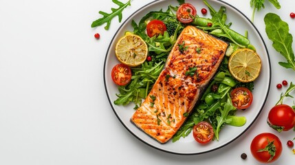 A perfectly cooked salmon fillet is served on a plate with fresh arugula, cherry tomatoes, and lemon slices, creating an appealing and healthy culinary presentation.