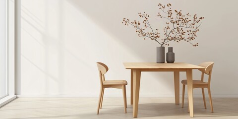 A table with two chairs and a vase of flowers in the middle. The room is clean and well-lit, giving off a calm and inviting atmosphere