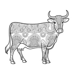 ‎A black and white Eid's cow illustration line art of a coloring page white background