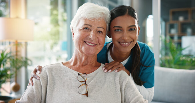 Happy woman, portrait and doctor with elderly patient for healthcare or volunteering service at home. Female people, medical worker or caregiver with smile, hug or senior client for assisted living