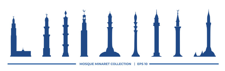 Silhouettes of various mosque minarets in a collection format.
