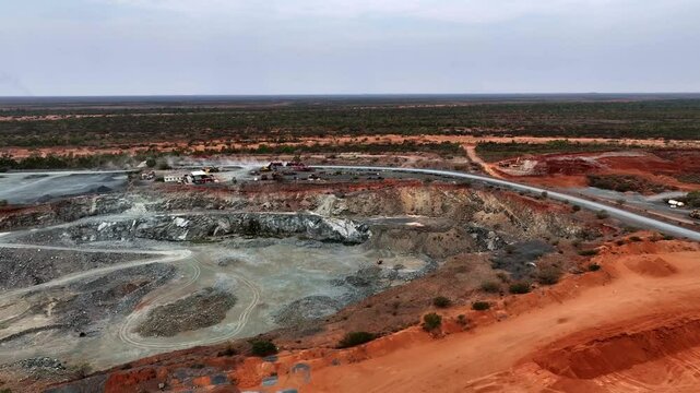 Profile view of mining site at Port Headland during daytime in Australia. Aerial shot.