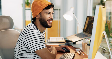 Smile, computer and research with business man in office or creative newsletter, publication or...