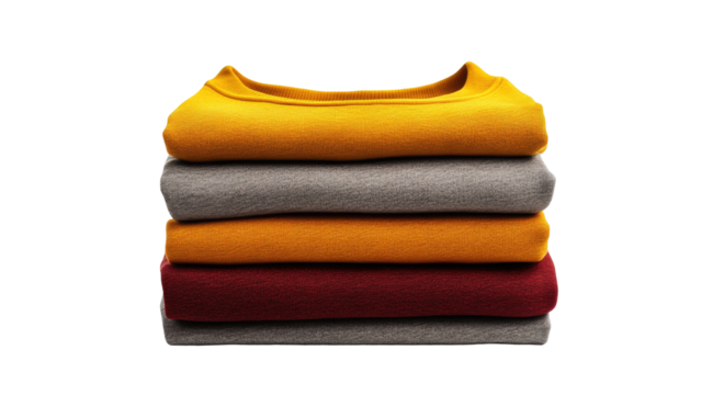 Neatly stacked sweaters in various autumnal colors