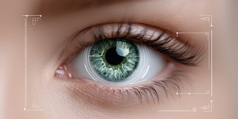 Detailed close-up of a human eye showcasing intricate textures and vibrant green iris highlighted by digital data elements illustrating a blend of organic beauty and technological advancement