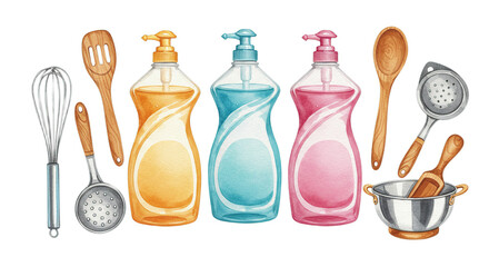 Watercolor Kitchen Utensils and Dish Soap Illustration for Home Decor