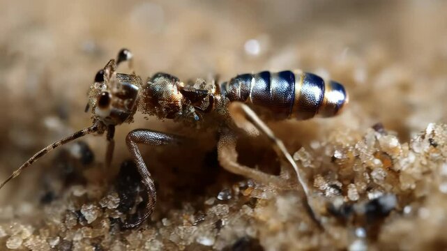 Extreme macro of a tiny insect springtail on bright grains of sand crawling across the surface in a shallow depth of field perspective.