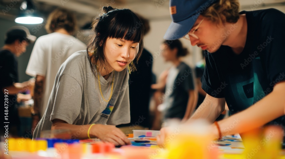 Poster young adults working together on creative project at table in studio, illustrating collaboration and
