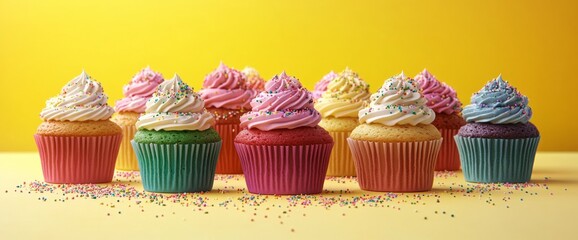 An enticing display features an array of cupcakes topped with creamy frosting and vibrant sprinkles, arranged neatly against a cheerful yellow background, showcasing their delightful colors
