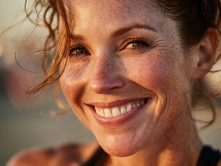 Fototapeta premium Close Up Portrait of Smiling Woman with Freckles Lit by Warm Golden Hour Light, Conveying Happiness and Authentic Beauty : Generative AI
