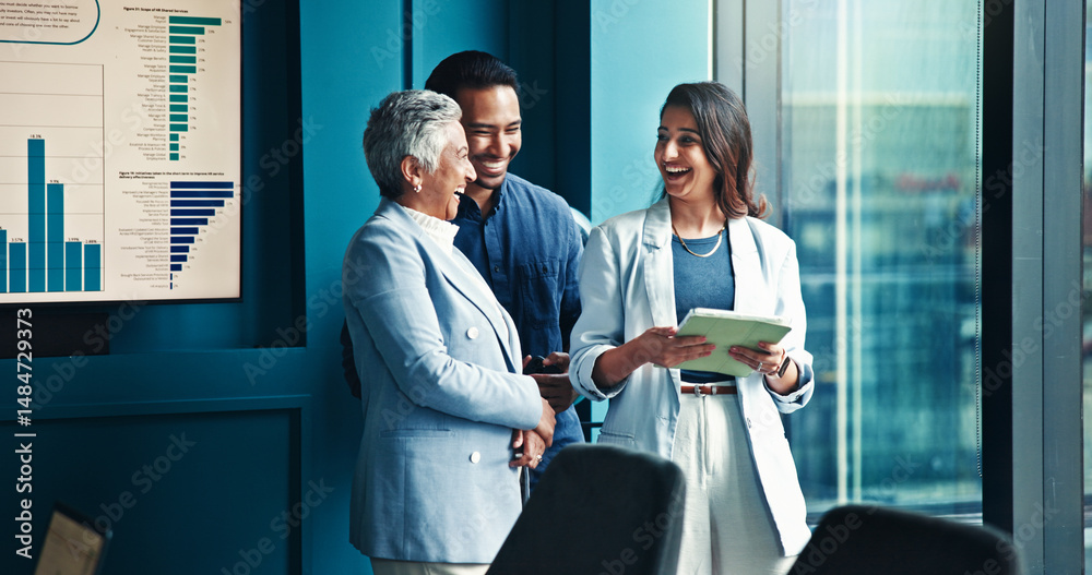 Aufkleber teamwork, tablet and business people in office, conversation and charts for profit growth. group, co