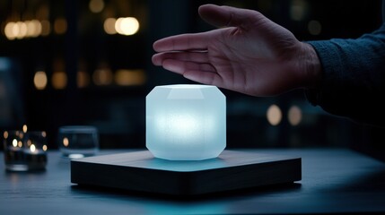 A person's hand rests on a glowing blue cube-shaped object on a wooden base.