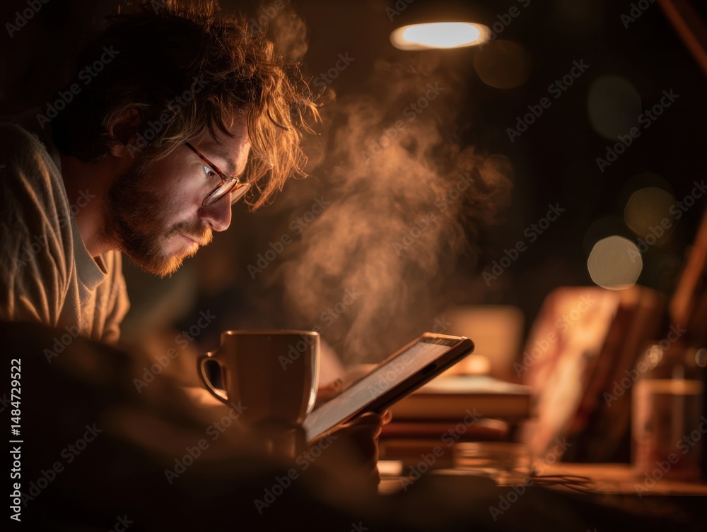 Fototapete man with glasses focused on tablet screen in dark room with steaming mug, representing late night st