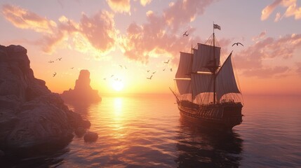A majestic sailing ship navigating the sea during a breathtaking sunset or sunrise scene