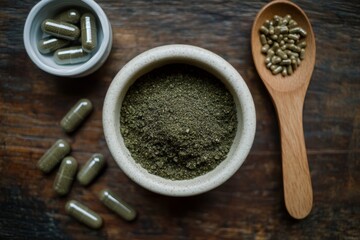 A top view of herbal capsules and powder in bowls and on a wooden spoon on a wooden surface