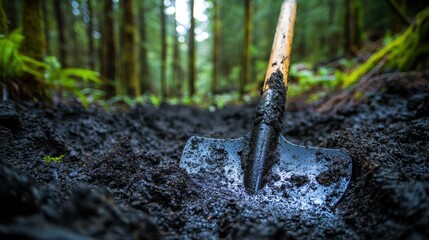 Dark, wet soil freshly dug, with shovel stuck in the earth in a green forest. Use for environment, gardening, agriculture, or sustainable living projects.