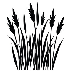 Black silhouette of tall grass blades with cattails on a white background, nature-themed illustration