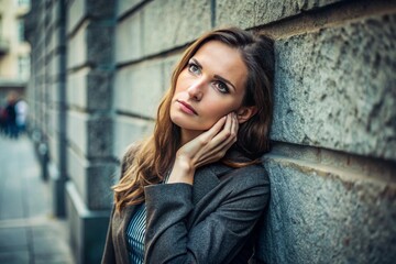 Fototapeta premium A woman in a black coat is leaning against a wall