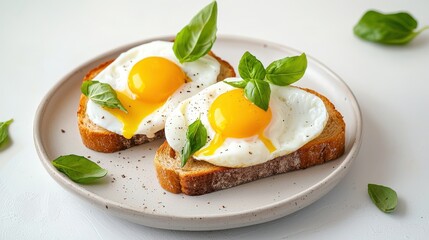 Fototapeta premium Two slices of toasted bread topped with fried eggs and fresh basil leaves are attractively arranged on a plate, offe a delicious and nutritious breakfast meal.