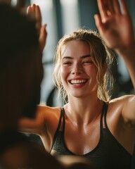 Naklejka na ściany i meble Happy Sweaty Woman Giving High Five After Gym Workout, Representing Fitness Goal and Teamwork Achievement : Generative AI