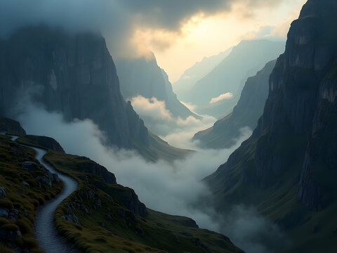 Photorealistic winding mountain pass stretches through rugged peaks, shrouded in mist and illuminated by soft sunlight, creating a serene and majestic vista