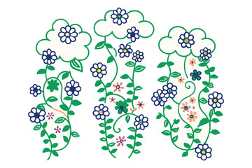 Vine with multiple clustered flowers along it, each flower made of small rounded cloud puffs