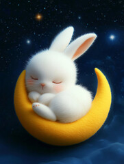 Dreamy Bunny: A fluffy white rabbit peacefully sleeps cradled in a crescent moon against a backdrop of twinkling stars in the night sky.