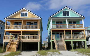 Colorful Elevated Coastal Homes Against Blue Skies Creating a Beachside Ambiance