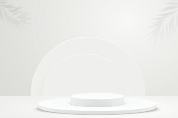 3D white cylindrical podium background with white smooth curtain floating scene. Minimalist 3D mockup pedestal, Abstract product display presentation, Stage showcase. Platforms vector geometric design