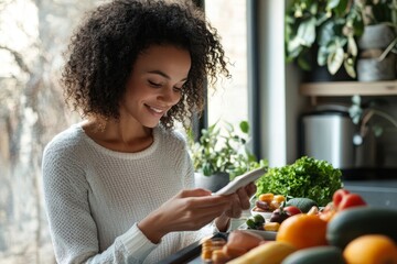 Woman smiles while looking at her phone with fresh produce on the counter in a bright kitchen