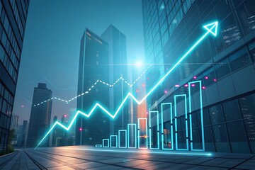 The upward trending line and bar rise high against tall modern city building