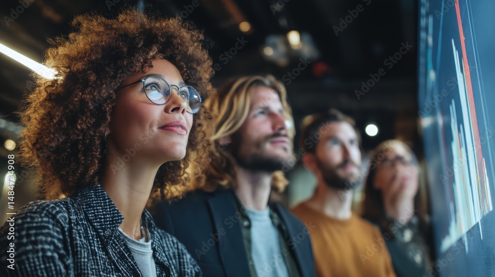 Poster Diverse Business Team Analyzing Data on Large Screen in Modern Office Setting, Representing Teamwork, Strategic Planning, and Future Vision : Generative AI