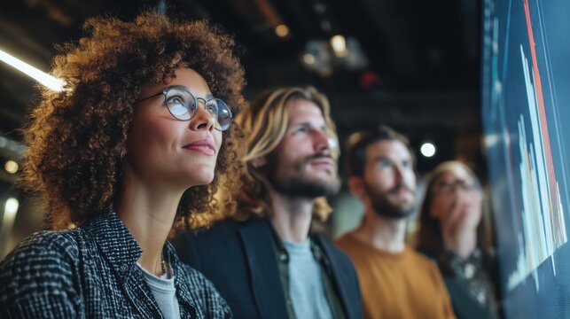 Diverse Business Team Analyzing Data on Large Screen in Modern Office Setting, Representing Teamwork, Strategic Planning, and Future Vision : Generative AI