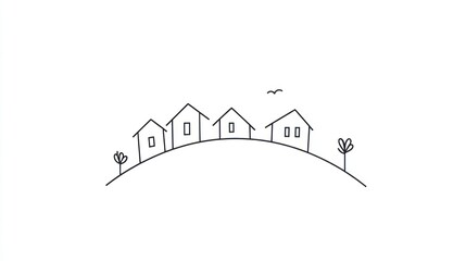 Simple line art village on a hill, background for a children's book or educational material