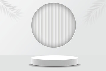 3D white cylindrical podium background with white smooth curtain floating scene. Minimalist 3D mockup pedestal, Abstract product display presentation, Stage showcase. Platforms vector geometric design