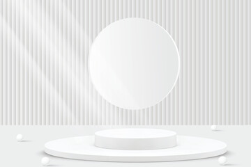 3D white podium stand with circle backdrop on white background is perfect for modern interior concept product display mockups. Vector illustration