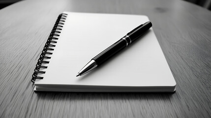 A pen and a spiral notebook are on a wooden table