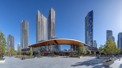 Fototapeta premium Modern urban landscape with tall buildings and a curved structure under a clear sky