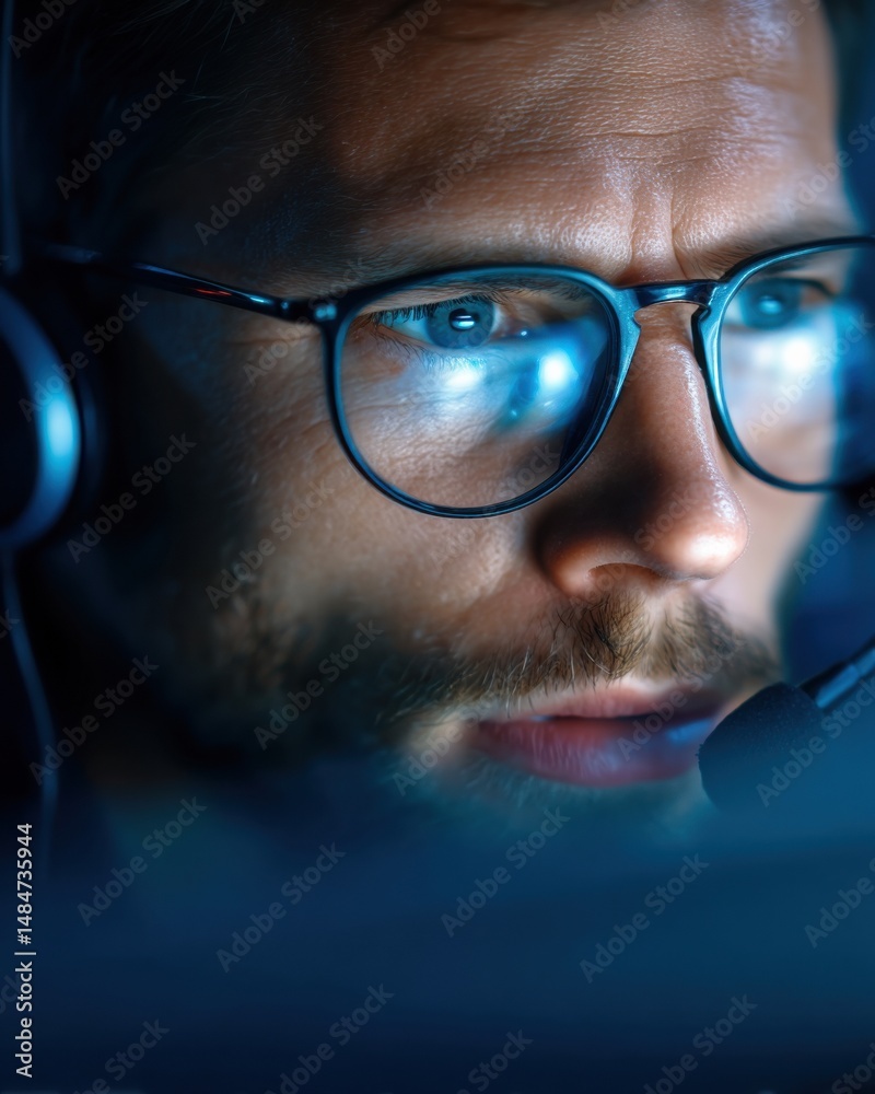 Poster intense close-up of man with headset and glasses looking at screen, reflecting focus and dedication 