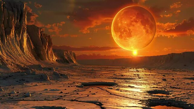 Fiery sunset over alien landscape footage
