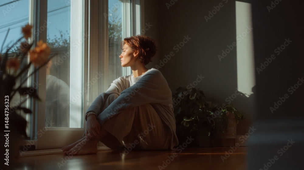Poster woman sitting by window in contemplation with sunlight streaming in, representing serenity and quiet