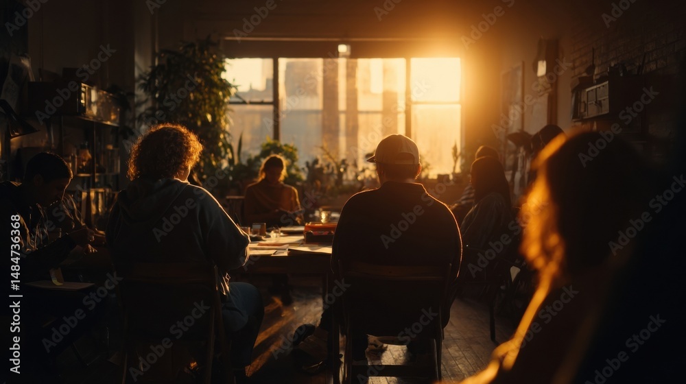 Poster group of people gathered around table at sunset in office, representing collaboration and teamwork i