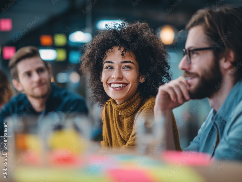 Poster diverse group of colleagues or friends talking and smiling happily during a casual meeting represent
