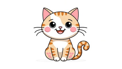 A cute, cartoon orange tabby cat sits and smiles with a joyful expression; illustration style