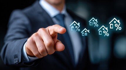 A businessman interacts with digital icons representing property investments.
