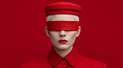 a portrait of a mysterious person with a red blindfold and a matching outfit. The monochromatic scene evokes a sense of intrigue and anonymity