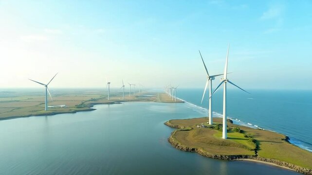 aerial view of windmill park and blue sky, windmill park on the ocean. Dutch