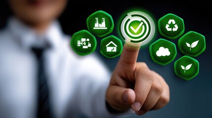 A businessperson selecting eco-friendly options on a digital interface.