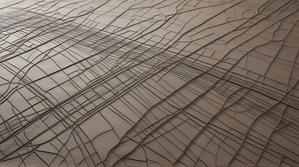 Crisscrossing lines and fissures create a map like appearance. The surface is uneven, with a tactile quality that invites touch. The color is a muted blend of brown and gray.
