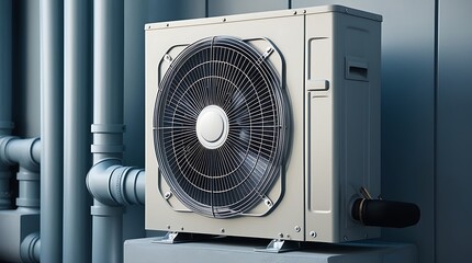 Large commercial air conditioning fan system with blue metal pipes in industrial setting, representing cooling infrastructure, airflow system, and energy efficiency


